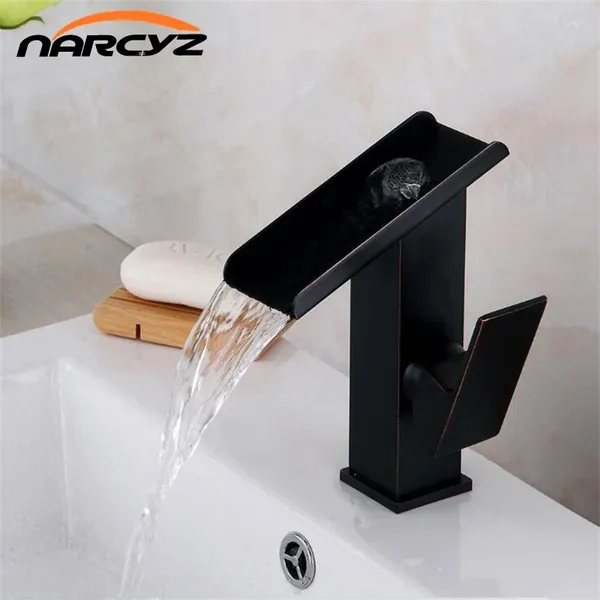 Banyo Lavabo Muslukları Havza Musluk Pirinç Siyah Şelale Gemisi Tek sap cam Spout Yağı Ovulmuş Bronz Mikser Musluk A1010