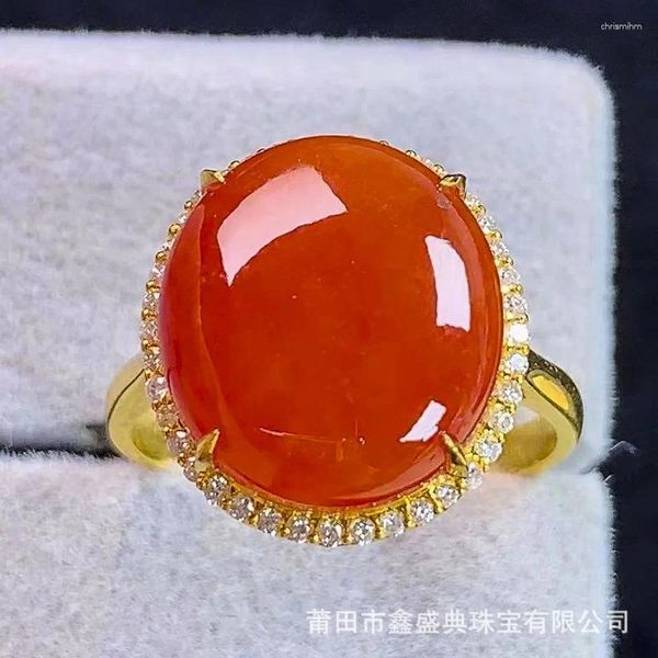 Anelli a grappolo Ornamento per anello in giada rossa 18 carati naturale di livello A del Myanmar all'ingrosso con certificato