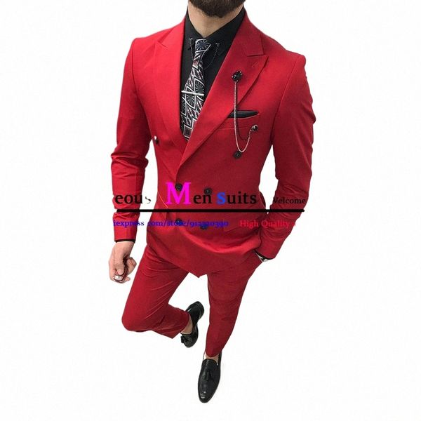 Double Breasted Pico Lapela Cavalheiro Blazer Vermelho Duas Peças Terno Mens com Calças Jaqueta Formal Para Casamento Noivo Smoking Trajes W3ba #