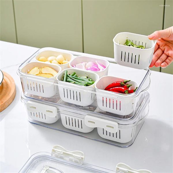 Garrafas de armazenamento 6 compartimentos refrigerador recipiente de alimentos caixa cozinha transparente portátil cebola gengibre mais nítido