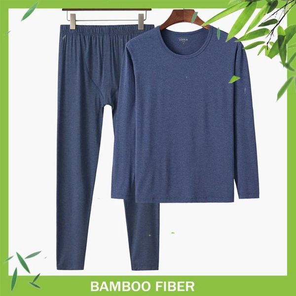 Homens sleepwear conforto macio 95% fibra de bambu para dormir homens inverno pijama manga longa top e calças conjunto sólido undershirt térmico