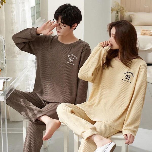 Homens sleepwear coreano algodão waffle nightwear para amantes mangas compridas roupas desportivas casa mulheres e homens combinando pijamas casais marrom