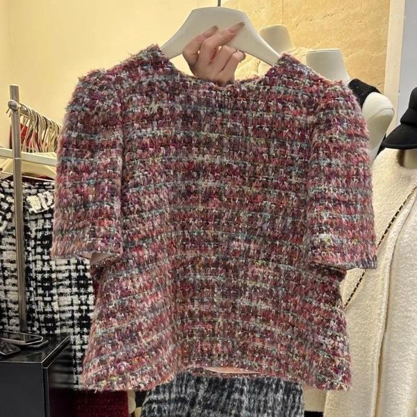 Frauen Blusen Vintage Tweed Bluse Frauen Koreanische Mode Woolen Tops Kurze Puff Sleeve Shirt Femme