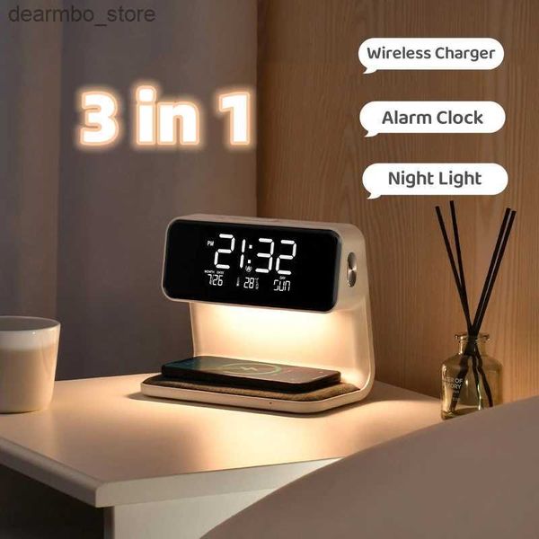 Настольные часы Новый тренд Стол для спальни Светодиодный ночник Цифровой будильник QI Универсальное беспроводное зарядное устройство Подходит для iPhone и Samsung24327