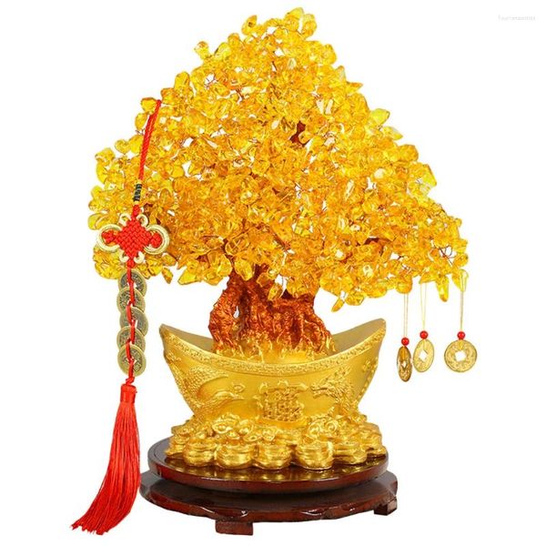 Flores decorativas citrino macrocarpa decoração do quarto dinheiro árvore ornamento de cristal doméstico para sala estar desktop resina bonsai