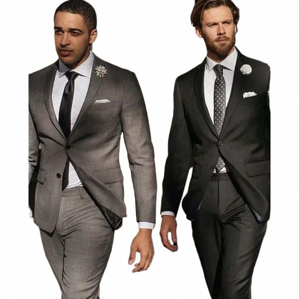 2023 New Fi Casamento Homens Cinza Preto Xale Lapela Ternos Busin Casual Traje Formal Homme Slim Fit 2 Pcs Set Jaqueta Calças B8uQ #