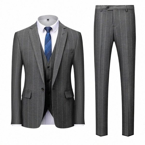 Terno de casamento do noivo três peças fi estilo britânico masculino listra jaqueta calças colete high end tamanho grande busin fino blazers conjunto 13o8 #