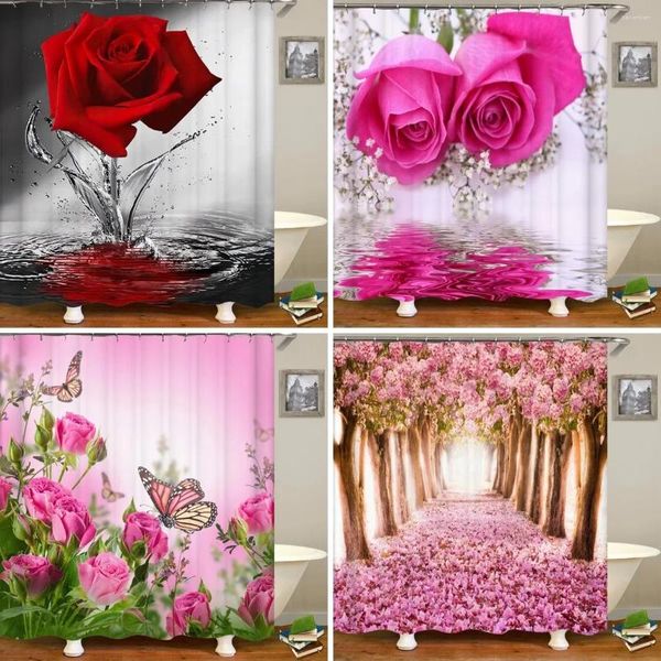 Cortinas de chuveiro rosa vermelha borboleta flores cortina 3d tecido de banheiro à prova d'água poliéster lavável conjunto de tela de banho