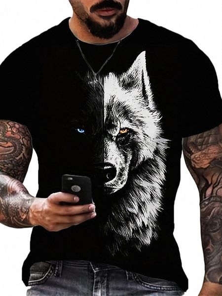 Camiseta masculina de verão animal lobo 3d impresso em torno do pescoço fi streetwear casual manga curta topo t oversized roupas masculinas c08y #