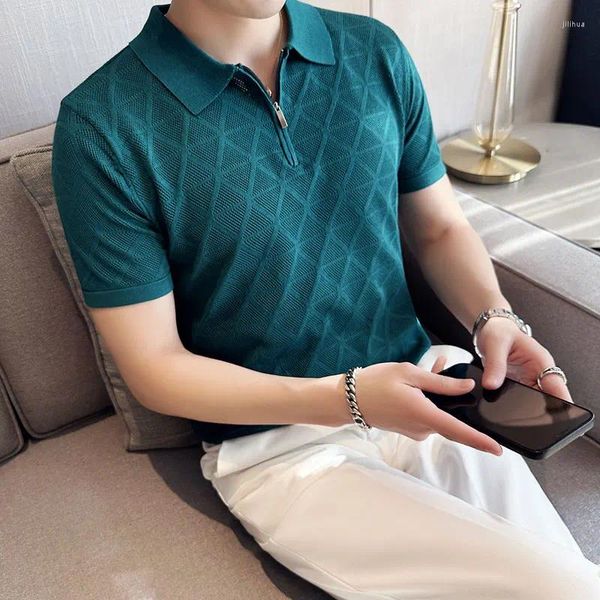 Мужские поло 2024, летние повседневные трикотажные рубашки поло в корейском стиле/мужские облегающие модные полые рубашки на молнии S-3XL
