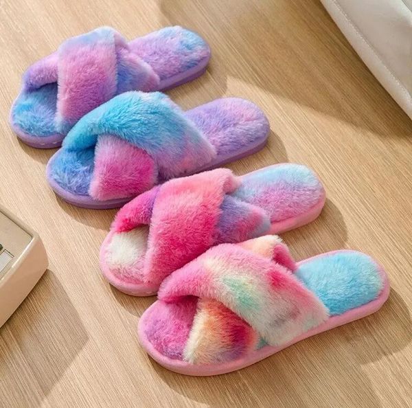 Frauen Plüsch Hausschuhe Winter Warm Tie Dye Flauschigen Slipper Cross Strap Pelzigen Flache Schuhe Hause Casual schuhe fuzzy pantoffel