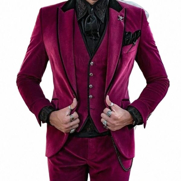 Mor Veet Kış Düğün Erkek Takım Blazer Setler İnce Fit Custome Homme Beyefendi Zarif Smokin 3 Parça Ceket+Pantolon+Yelek L77o#