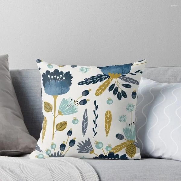 Yastık mavi ve sarı çiçek suluboya atışları kanepe ev dekoru elastik kapak