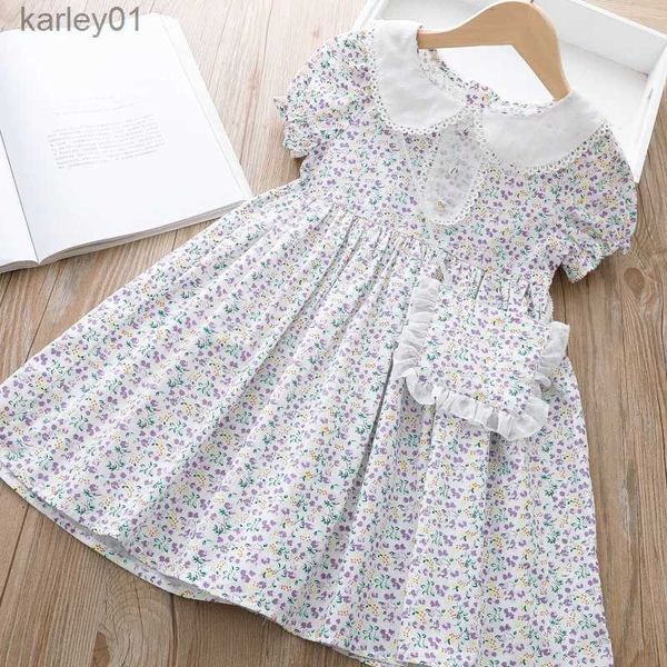 Mädchenkleider Sommer Mädchen Blumen Prinzessin Kleid + Tasche Kleines Mädchen Kleinkind Niedliches Puppenkragenkleid Kinder Lässige Geburtstagsfeierkleidung yq240327