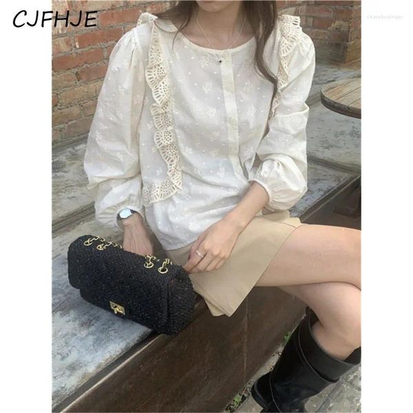 Blusas femininas cjfhje moda solta camisa de manga comprida primavera francês vintage bordado indústria pesada renda emenda feminina topo