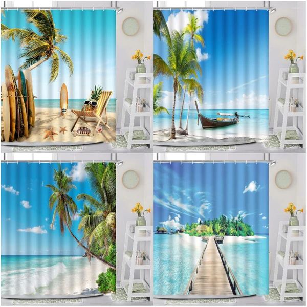 Cortinas de chuveiro oceano cortina ondas à beira-mar praia floresta palmeiras natureza paisagem montanha cenário azul céu impressão decoração do banheiro