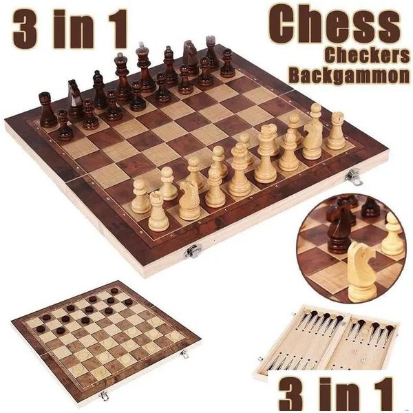 Schachspiele 3-in-1-Brett, zusammenklappbar, aus Holz, tragbares Spiel für Adtschess-Dame und Backgammon 240111 Drop-Lieferung Sport im Freien Leisu Dhejm