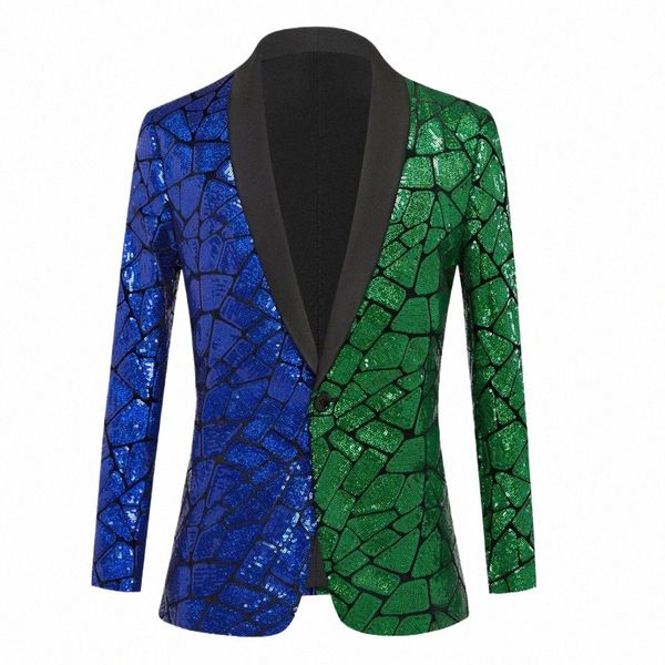 Mens verde e azul dupla cor lantejoulas blazer jaqueta xale lapela uma bunda brilhante festa de casamento terno jaquetas jantar smoking casaco 42Ka #