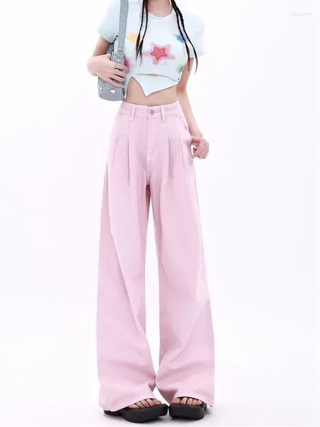 Damen Jeans WCFCX STUDIO Pink Baggy Woman High Waist Wide Leg Denim Hose Y2K Streetwear Design Vintage Straight Jean Hose