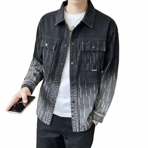 Männer Jacke Umlegekragen Schwarz Jeans Jacken Gradient Gestreiften Frühling Herbst Fi Streetwear Herrenbekleidung Denim Jacken I1tu #