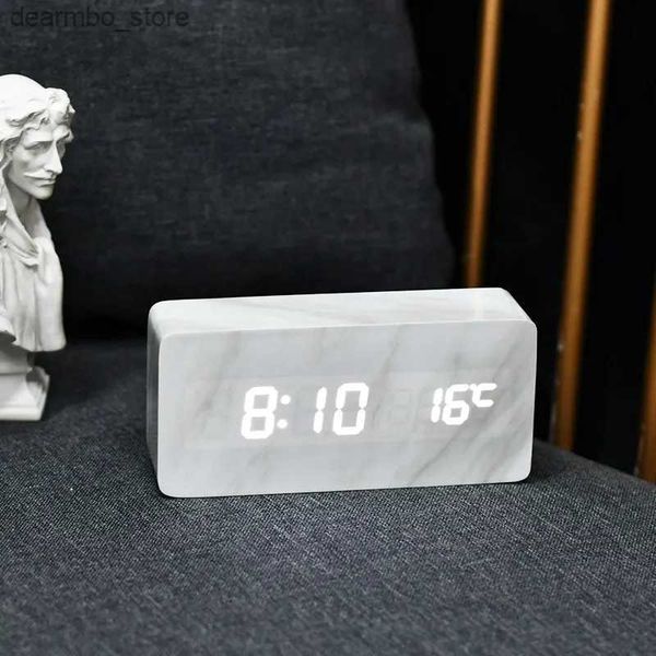 Relógios de mesa de mesa Imitação de padrão de mármore criativo relógio eletrônico de temperatura Tecnologia preta Controle de som digital decoração mesa de mesa24327
