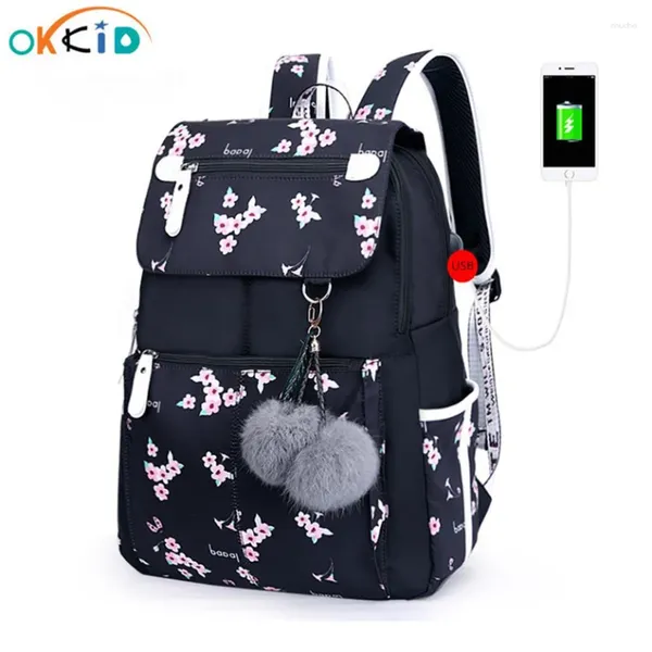 Sacos escolares rosa flor mochila para meninas mulheres viagem portátil usb carregamento mochilas crianças estudante mochila