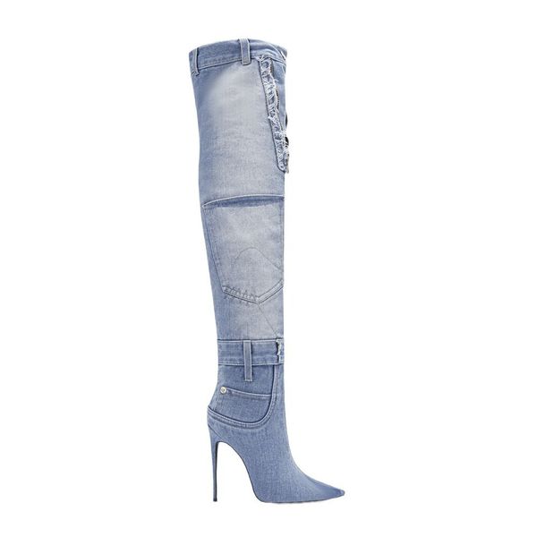 2023 Damen-High-Heels aus echtem Leder, Plünderung, Zehenknopf, lange Cowboy-Stiefel, Hochzeit, Denim-Jeans-Kleid, Gladiator, lässig, der Laufsteg, Taschen, Reißverschluss-Schuhe, Größe 34–43