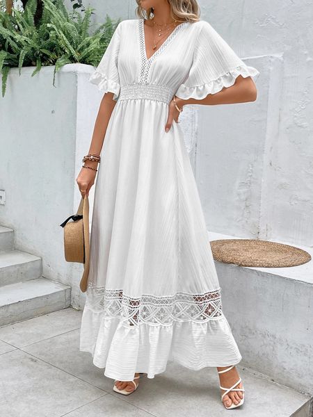 Elegante abito lungo bianco solido Abbigliamento Boemia con orlo cavo Abiti sexy a maniche corte a vita alta Beach Party Maxi 240323