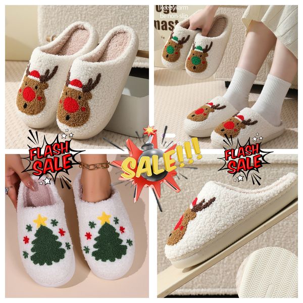 Bequemes Zuhause, niedlicher Cartoon-Weihnachtsmann, Paare, warme Baumwolle, GAI Weihnachten, Designer-Elch, schöner dicker Plüsch, Unisex, Winter, weiße Hausschuhe, Creme, EUR 36–45