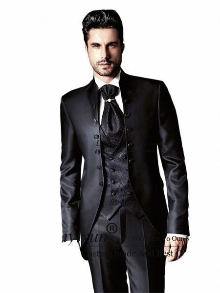 Clássico masculino ternos mandarim lapela casamento noivo smoking preto padrão colete padrinho blazer 3 peças conjunto terno masculino j1CA #