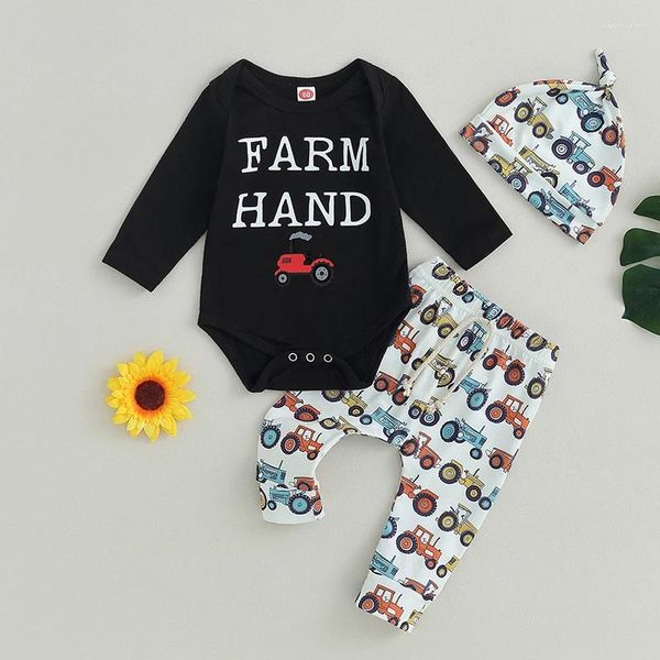 Set di abbigliamento Born Baby Boy Girl Farm Outfit Chicken Lettera Manica lunga Pagliaccetto Polli Pantaloni Cappello Set di vestiti da 3 pezzi