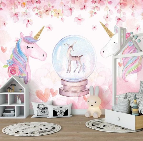 Murale personalizzato 3D Rosa dipinto a mano Fiore Cervo Cavallo Arte Pittura murale Camera da letto Camera dei bambini Sfondo Po Carta da parati Kids2218282