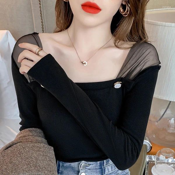 Camiseta feminina primavera coreia malha costura inferior camisa casual cores sólidas roupas de manga cheia gola quadrada streetwear 2024 mulher