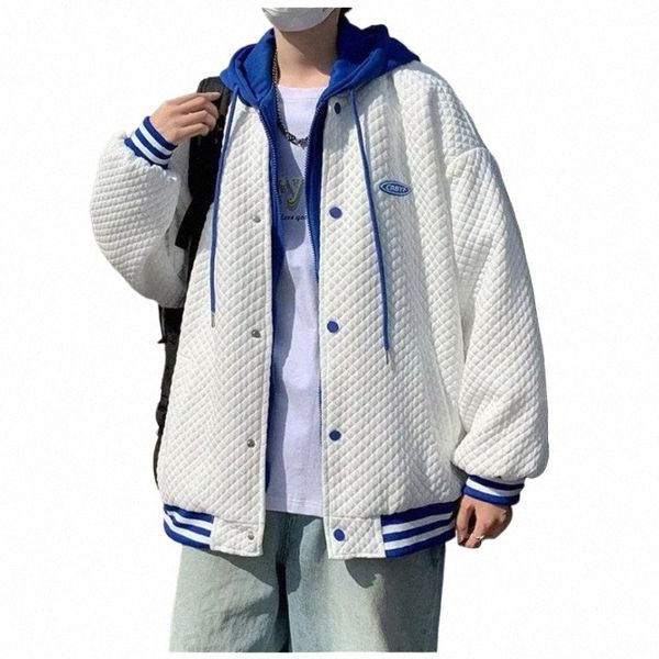 Giacca da uomo con cappuccio Ins Hip Hop Waffle Falso in due pezzi antivento Streetwear Giacca da baseball unisex Gioventù maschile Bomber e2NC #