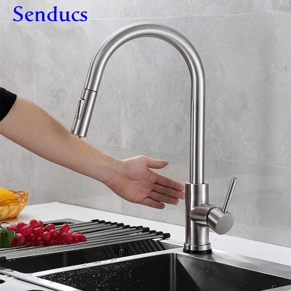 Rubinetti per lavandino del bagno Rubinetto da cucina Touch Senducs Rubinetto miscelatore con sensore in acciaio inossidabile 304 di qualità Oro