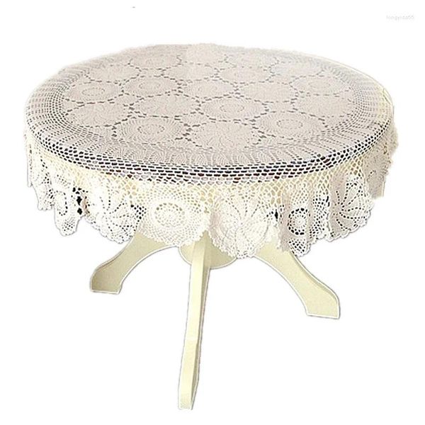 Toalha de mesa feita à mão em crochê, pastoral europeia, algodão nostálgico, redonda, 120cm/130cm