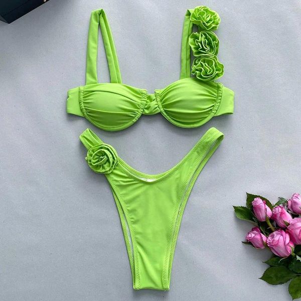 Женский купальник, женский купальный костюм, сексуальные бикини 2024, зеленый, фиолетовый, белый, кружевной, с цветочным рисунком, купальный комплект, бикини с пуш-ап, пляжная одежда