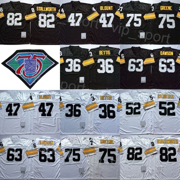 Vintage 1975 1996 Futebol 47 Mel Blount Jerseys 52 Mike Webster 63 Dermontti Dawson 75 Joe Greene 82 John Stallworth 36 Jerome Bettis Preto Branco Retro 75th Team