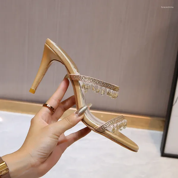 Chinelos femininos stiletto pingente strass sandálias champanhe salto alto sapatos de cristal verão sexy