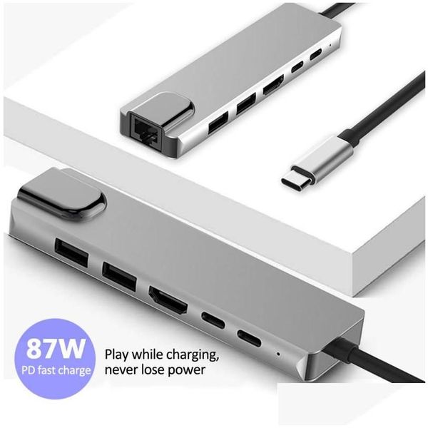 Dockingstationen USB-Station 6 in 1 Typ C zu HDTV Mtiport-Adapter mit RJ45-Ethernet-PD-Ladeanschlüssen Splitter für PC-Book-Laptops T Otcub