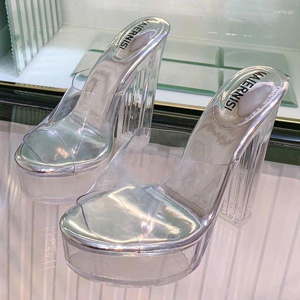 Тапочки, женская обувь с кристаллами 13 см, прозрачные открытые пикантные туфли из ПВХ, большие размеры 35–41, 42, женские модные туфли на высоком каблуке