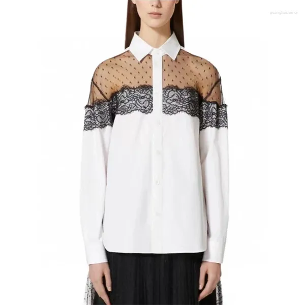 Женские блузки 2024, весенняя повседневная рубашка из чистого хлопка с вышивкой и отворотом Y2k, модная микро прозрачная рубашка высокого качества