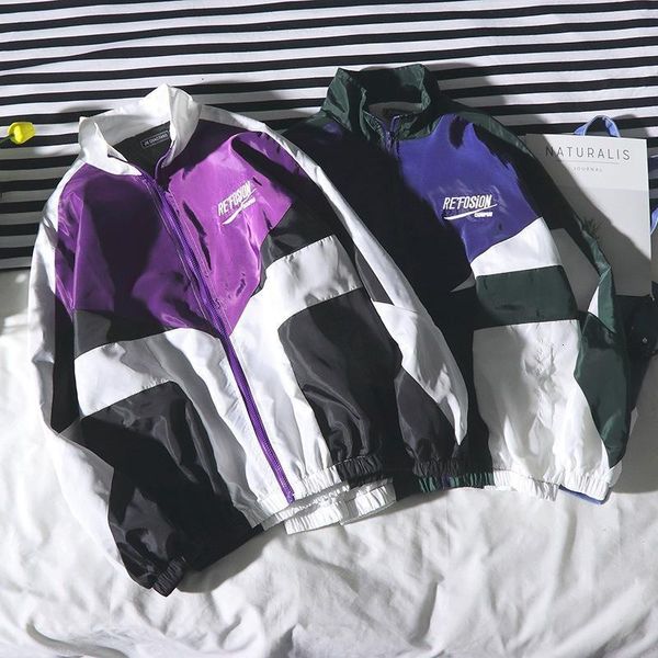 Hip Hop Mens Com Capuz Windbreaker Jaqueta Outono Casual Vintage Color Block Loose Track Hoodie Casacos Streetwear HipHop 201111