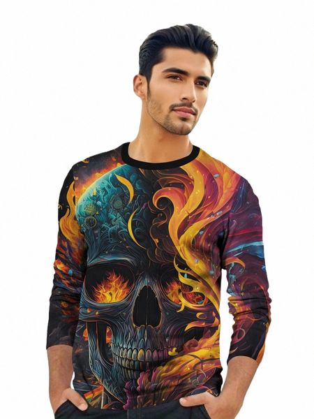 Primavera e outono LG Manga Crew Neck Top 3D Digital Impresso Body Print Skull Head Padrão Pintado à Mão Graffiti Men's T-shirt d6s6 #