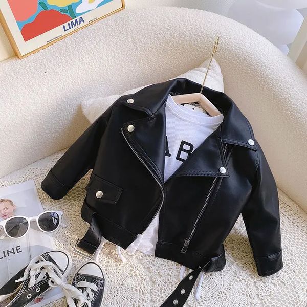 Mädchen Faux Leder Elegant Reißverschluss Basisjacke Jungen Outwear Solid Slim Long Sleeve Turndown Kragen Kleinkind Kurzer Mantel XMP43 240319