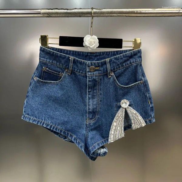 Frauen Jeans 2024 Sommer Ankunft Hohe Taille Strass Bogen Blau Dünne Denim Shorts Streetwear Frauen Kurze GH955