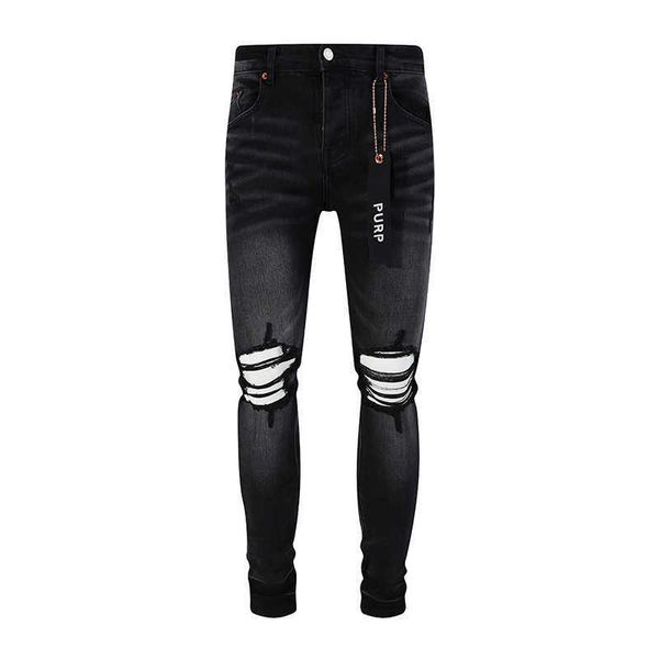 Marca de moda americana pur novo masculino preto joelho rasgado jeans lavado e moído branco elástico magro ajuste leggings