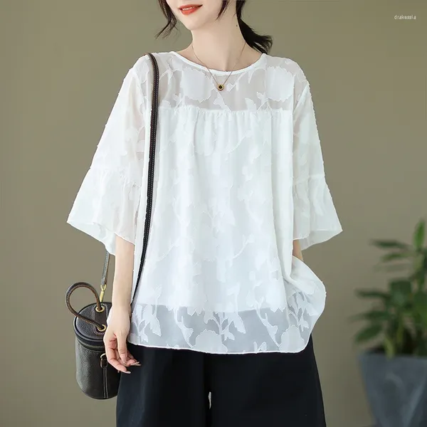 Camicette da donna Moda Minimalista Versione coreana Tinta unita Girocollo in pizzo Trasparente Stile estivo Versatile Top in chiffon allentato a maniche corte