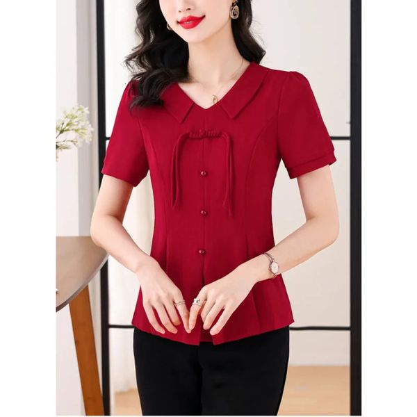 Frauen Sommer Koreanische Version Einfarbig Peter Pan Kragen Taste Vielseitig Erscheinen Dünne Mode Kurzarm Shirt Tops 240326