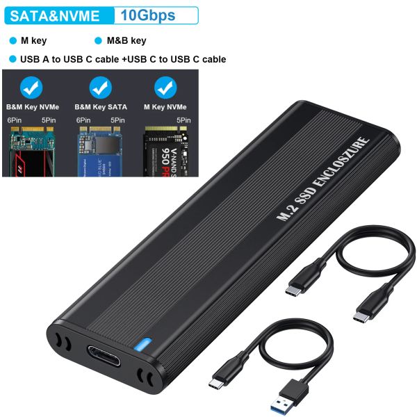 Gabinete Dual Protocolo Dual M2 Caixa do disco rígido SSD NVME Satam.2 para USB Tipo C 3.1 Adaptador SSD para NVME PCIE NGFF SATA SSD Caixa de disco M.2 SSD